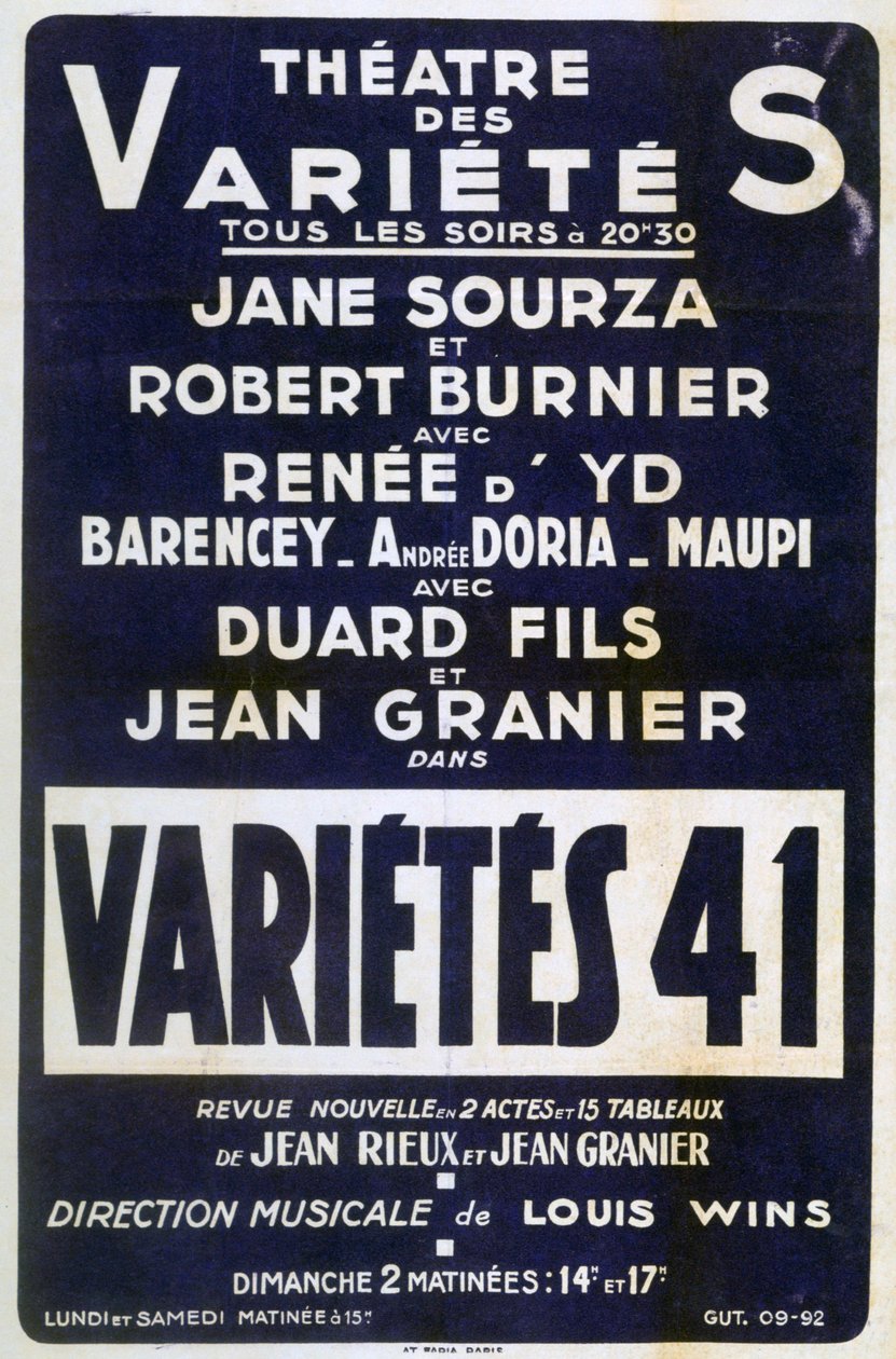 Reklámplakát Variétés 41 varieté, Franciaország, 1941 alkotó: Unbekannt