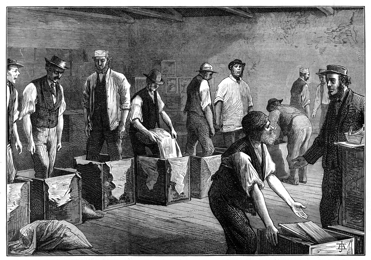 Ládák utántöltése egy tearaktárban, 1874 alkotó: Unbekannt