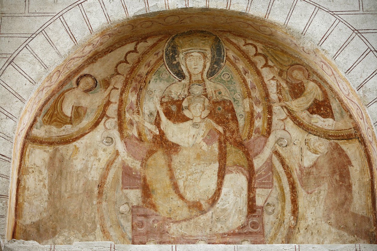 Saint-Savin apátsági timpanon: Szűz és gyermek, Saint-Savin-sur-Gartempe, Franciaország alkotó: Unbekannt