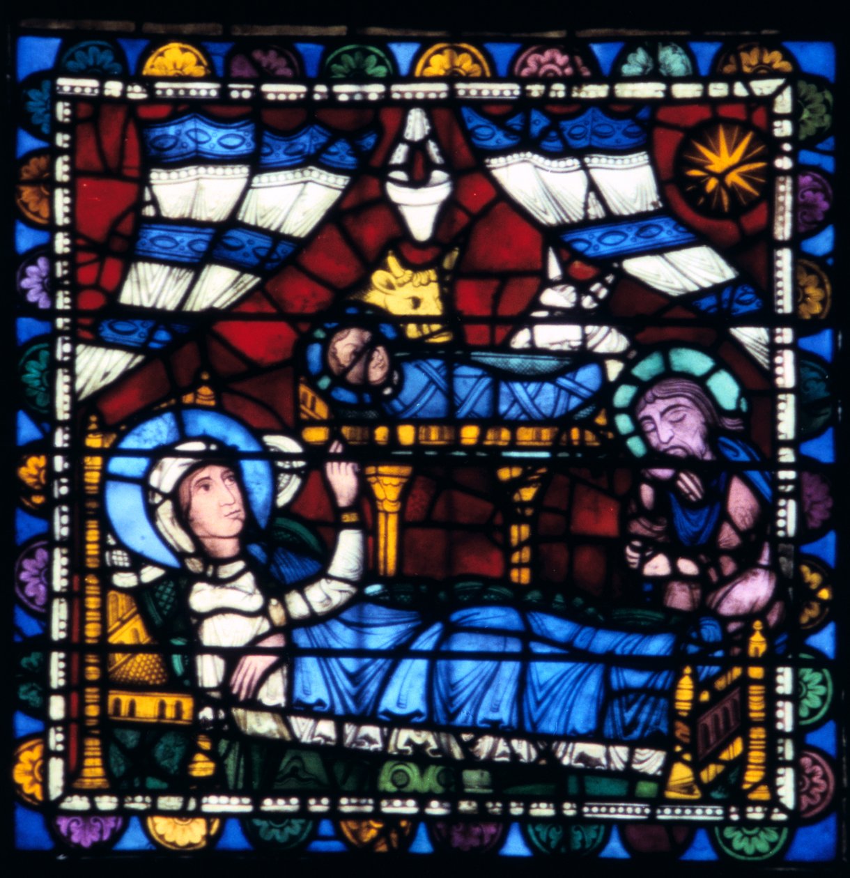 Születés, ólomüveg, Chartres-i katedrális, Franciaország, 1194-1260 alkotó: Unbekannt