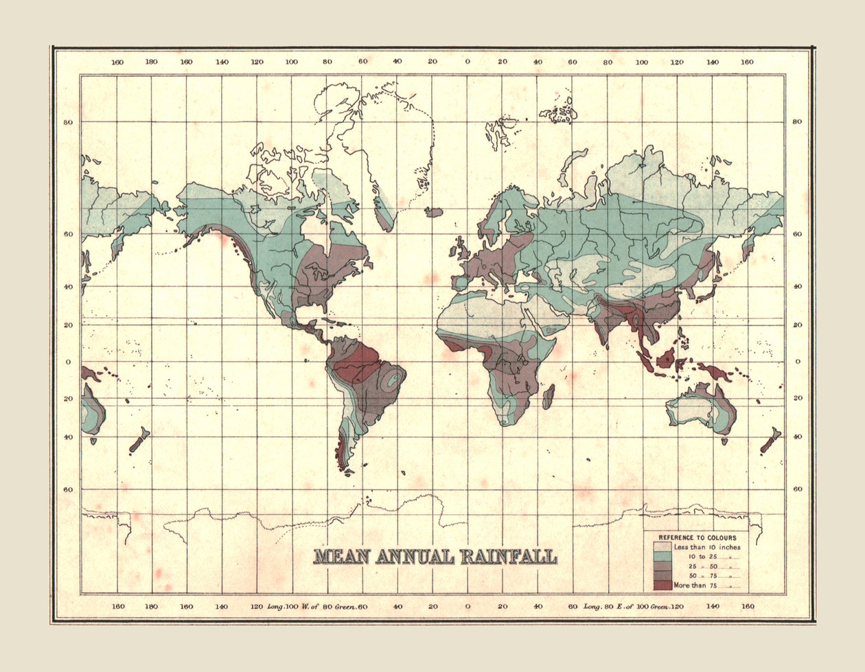 Világtérkép, amely az átlagos éves csapadékmennyiséget mutatja, 1902. alkotó: Unbekannt