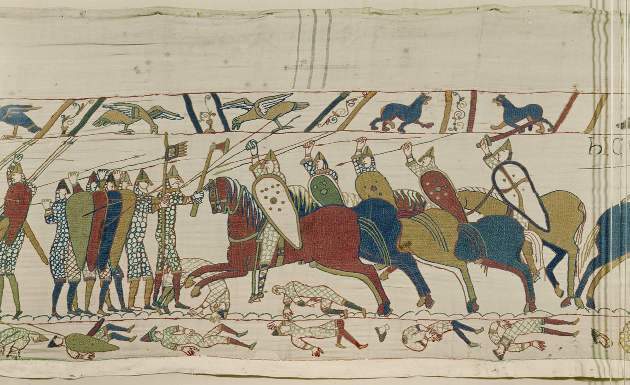 Az angol pajzsfalat megtámadják, és csata csatlakozik, Bayeux Tapestry alkotó: Unbekannt Unbekannt