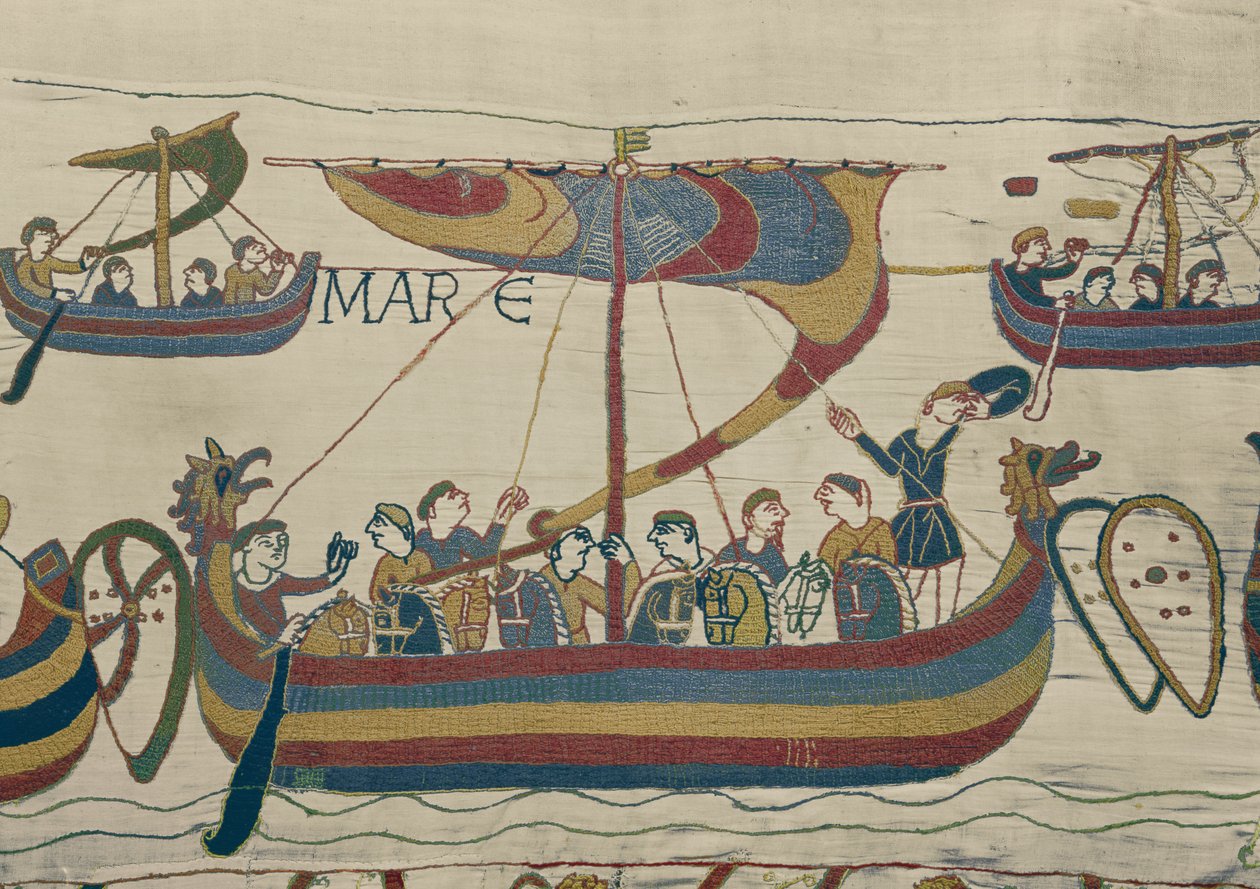 A normann inváziós flotta átkel a Bayeux Tapestry csatornán alkotó: Unbekannt Unbekannt