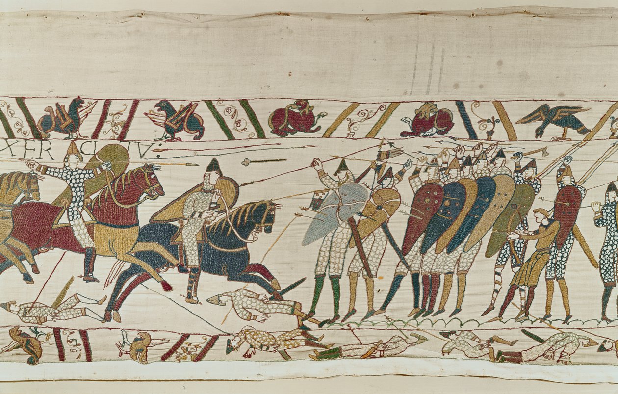 A csata csatlakozik, amikor a normann lovasság megtámadja az angol pajzsfalat, a Bayeux Tapestryt alkotó: Unbekannt Unbekannt