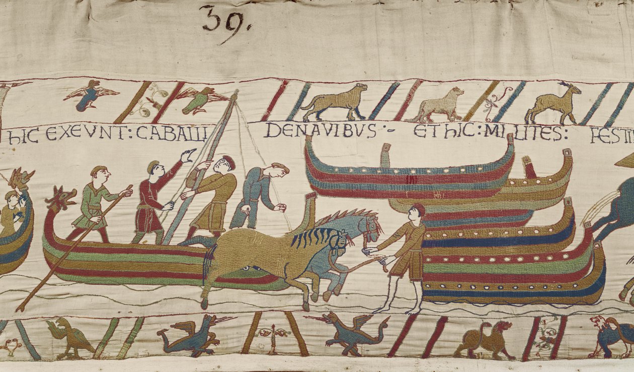 Lovak kirakodása a normann hajókról, Bayeux Tapestry alkotó: Unbekannt Unbekannt