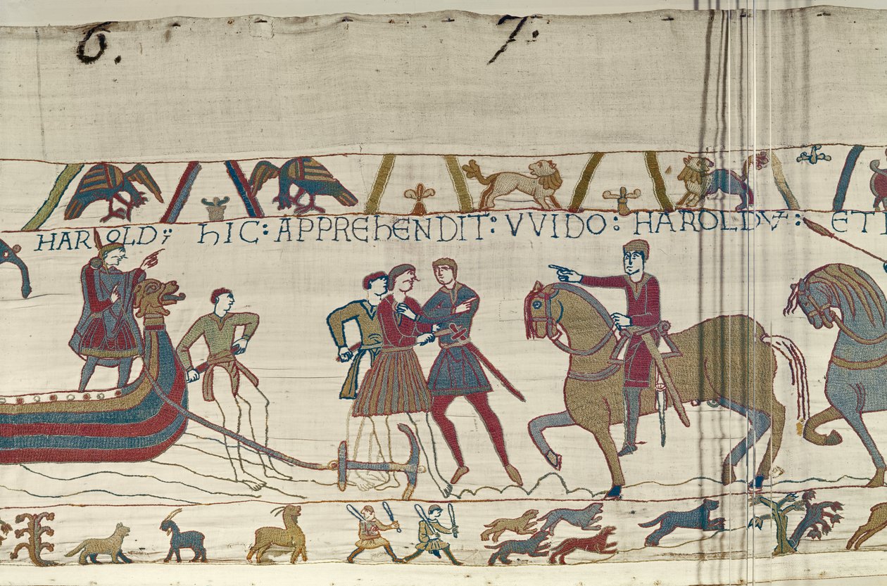 Ponthieu Guy gróf megragadja Haroldot, amint az Normandiában landol, Bayeux Tapestry alkotó: Unbekannt Unbekannt