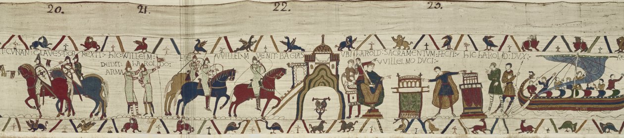 Vilmos herceg elfogadja a Dinan kulcsait, és fegyvert ad Haroldnak, aki hűséget esküszik Vilmosnak Bayeux-ban, Bayeux gobelin alkotó: Unbekannt Unbekannt