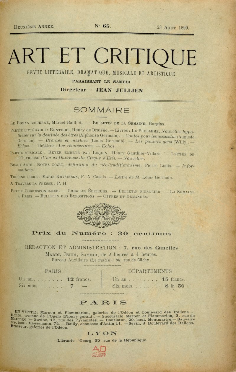 Az "Art et Critique" magazin előlapja, 1890. augusztus 23 alkotó: Unbekannt Unbekannt