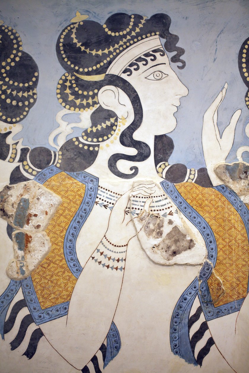 Minószi művészet. A „” Ladies in blue””” freskó részletei. Kék talajon ábrázolt, gazdagon öltözött, gazdagon díszített női alak kompozíciója. Töredékes állapota ellenére ez a falfestmény a gazdagság és a jólét jelentését közvetíti alkotó: Unbekannt Unbekannt