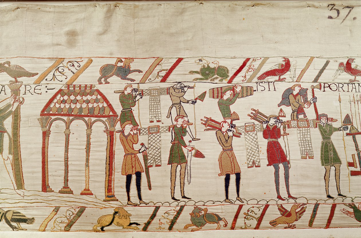 A normannok fegyvert visznek a hajókra, Bayeux Tapestry alkotó: Unbekannt Unbekannt