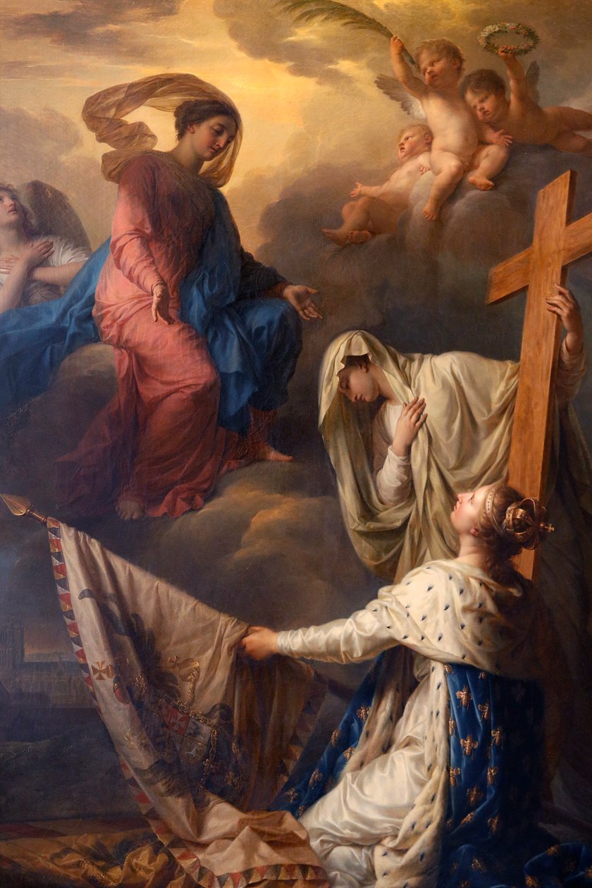 Notre-Dame du Val-de-Grace katolikus templom, Párizs, Franciaország, Festmény: „A vallásra támaszkodó La France az „ellenségtől” elvett Notre-Dame-des-Gloires-zászlóknak szenteli, Jean-Charles Nicaise olaj, vászon Perrin, 1806, I. Napóleon parancsa alkotó: Unbekannt Unbekannt