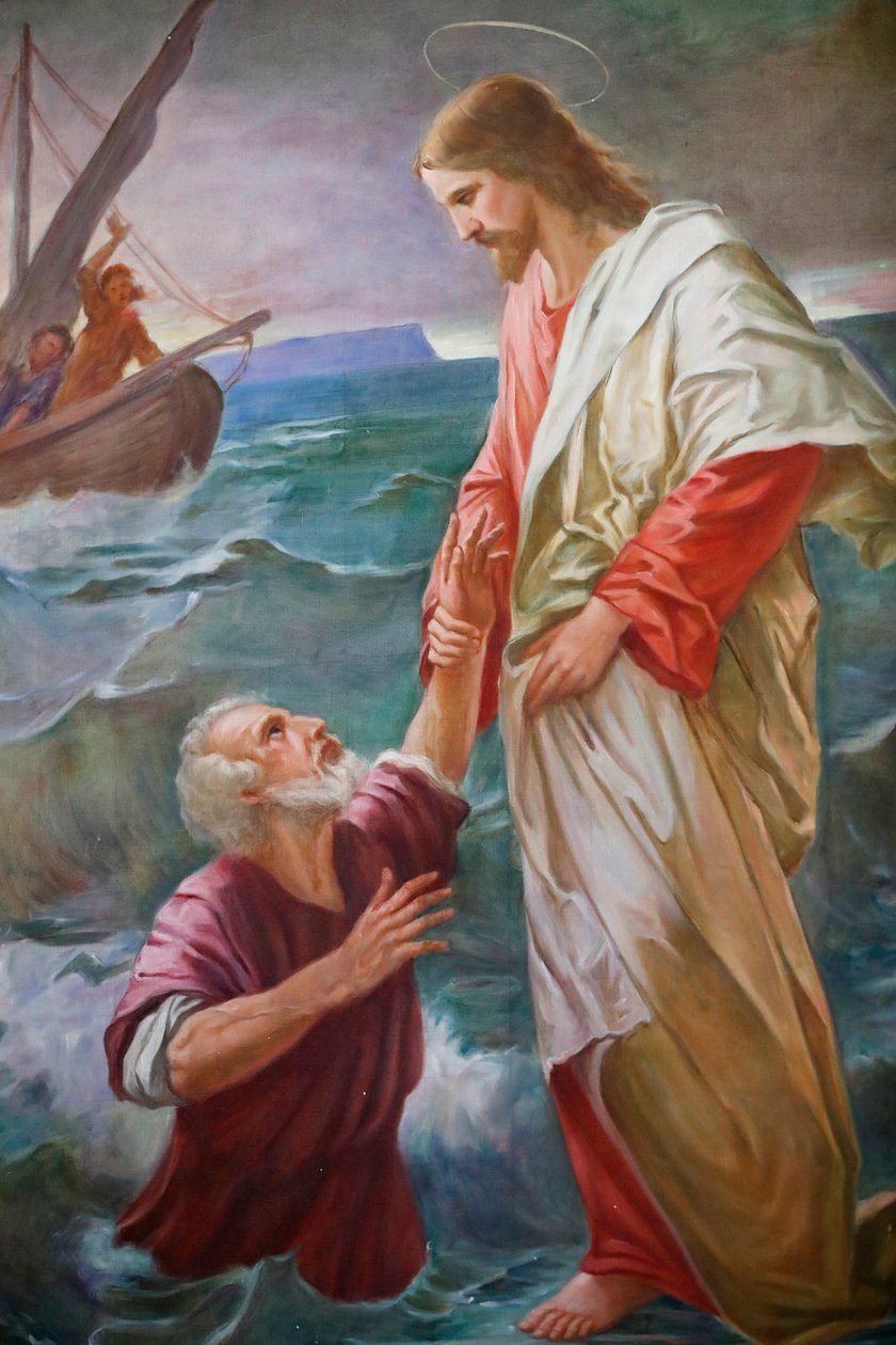 Saint-Grat templom, festmény, Péter a vízen sétált Jézus felé, de megijedt és süllyedni kezdett, és Jézus megmentette, Valgrisenche, Olaszország alkotó: Unbekannt Unbekannt