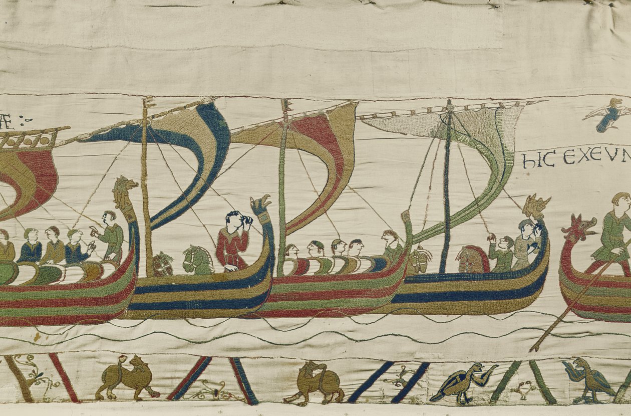 A normann inváziós flotta átkel a Bayeux Tapestry csatornán alkotó: Unbekannt Unbekannt