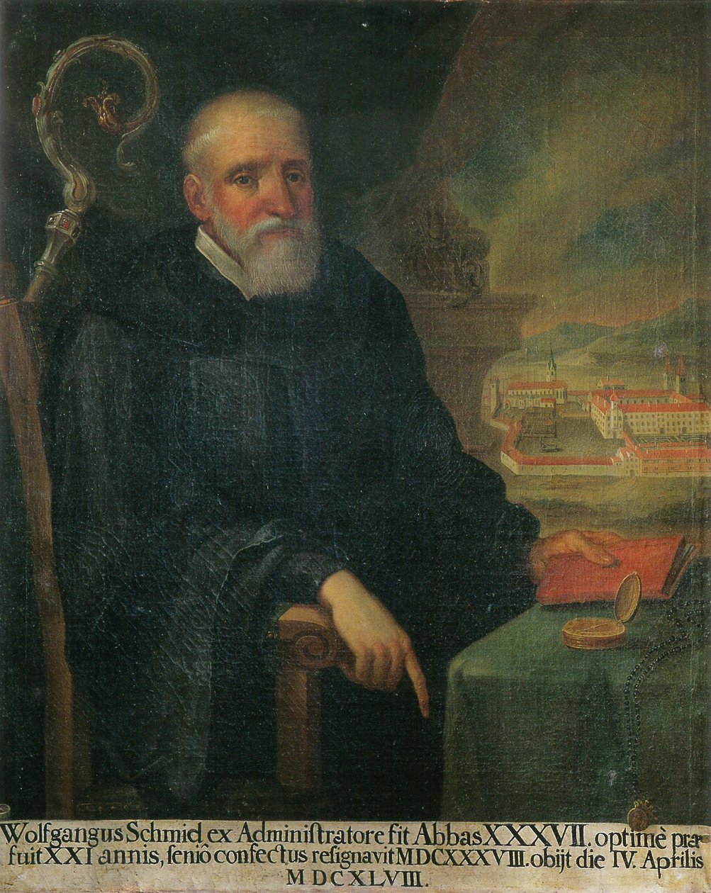 a 37. apát, Wolfgang Schmid, a háttérben a Szent György (Isny) kolostor látképe alkotó: Unknown