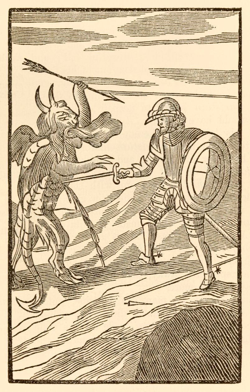 "Egyenlőtlenebb meccs aligha lehet: Christiannak meg kell küzdenie egy angyallal" a "The Pilgrim" Progress From This World, To That Who Is To Come című filmből, John Bunyantól alkotó: Unknown