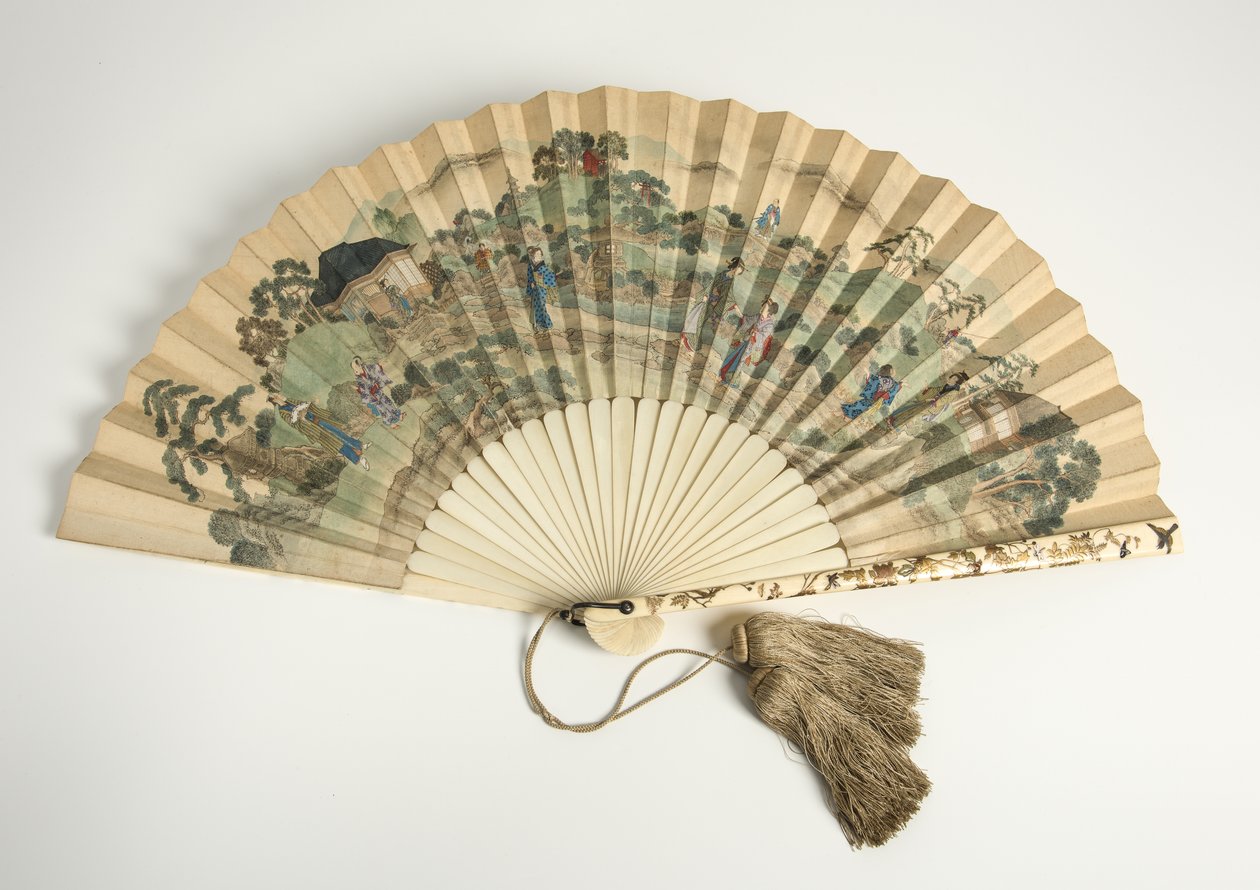 Nyomtatott papírlegyező, japán figurákkal egy tájban, 1880-as évek (elefántcsont, papír és bojt) alkotó: Unbekannt Unbekannt