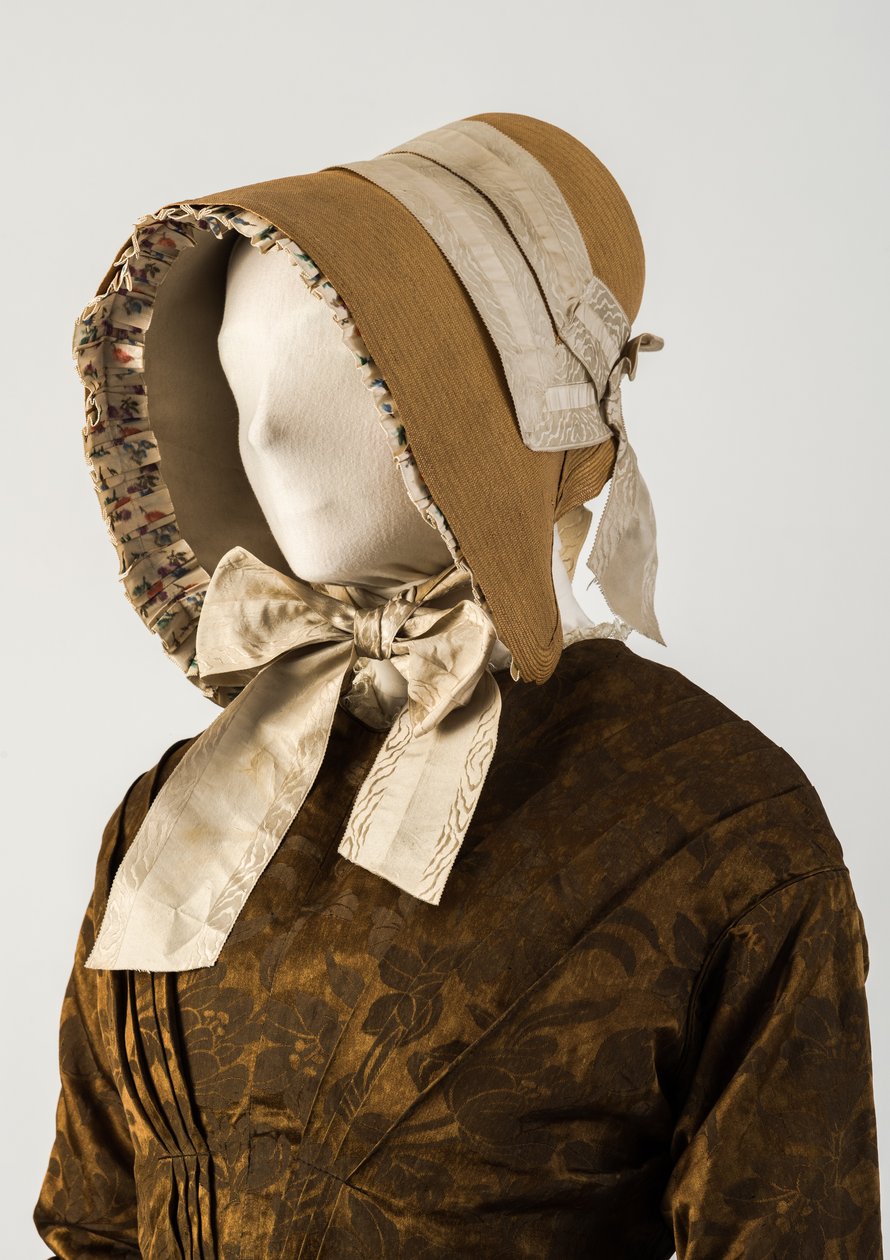 Szalma motorháztető, szőtt selyemszalagokkal, 1840-es évek (szalma és selyem) alkotó: Unbekannt Unbekannt