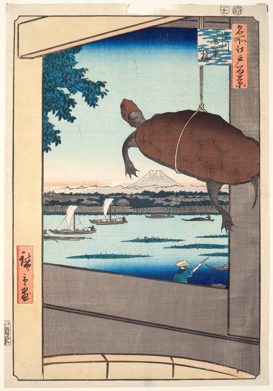 Mannen híd, Fukagawa, Edo száz híres nézete sorozatból alkotó: Utagawa Hiroshige