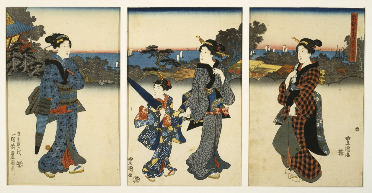 Tengerparti udvarhölgyek, 19. század közepe (fatömbnyomat, triptichon) alkotó: Utagawa Kunisada