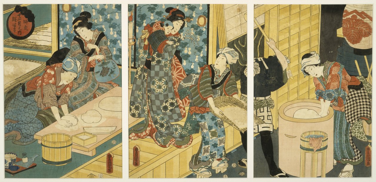 Felkészülés az újév napjára (Pounding Mochi), 19. század közepe (fanyomat, triptichon) alkotó: Utagawa Kunisada