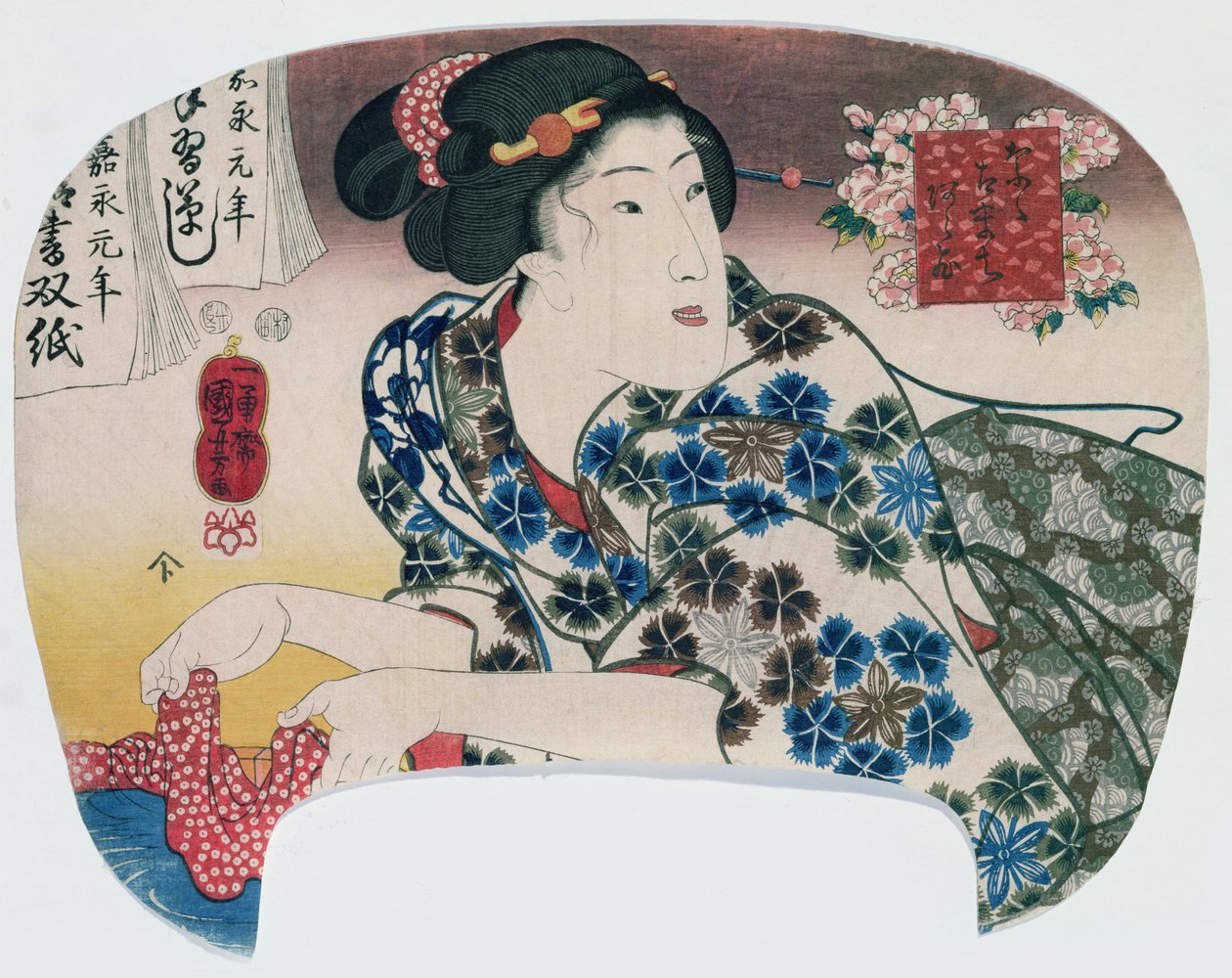 Lány mintás kendőt mosó, "Seven Kokachi" kocsmából. 1848 (színes fatömbnyomat) alkotó: Utagawa Kuniyoshi