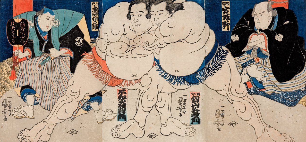 Shiranui Dakuemon (balközép), Tsurugizan Taniemon (jobbközép), a szumó birkózók játékvezetővel ... alkotó: Utagawa Kuniyoshi