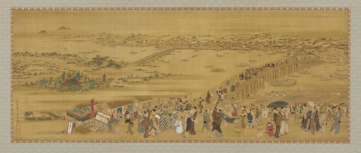 Ryogoku híd, Edo-korszak (szín és arany selyemen) alkotó: Utagawa Toyoharu