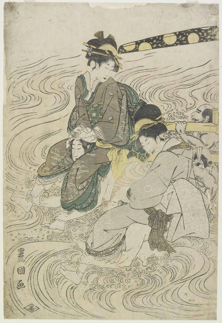 (Két nő átkel a folyón a cooliok vállán) alkotó: Utagawa Toyokuni
