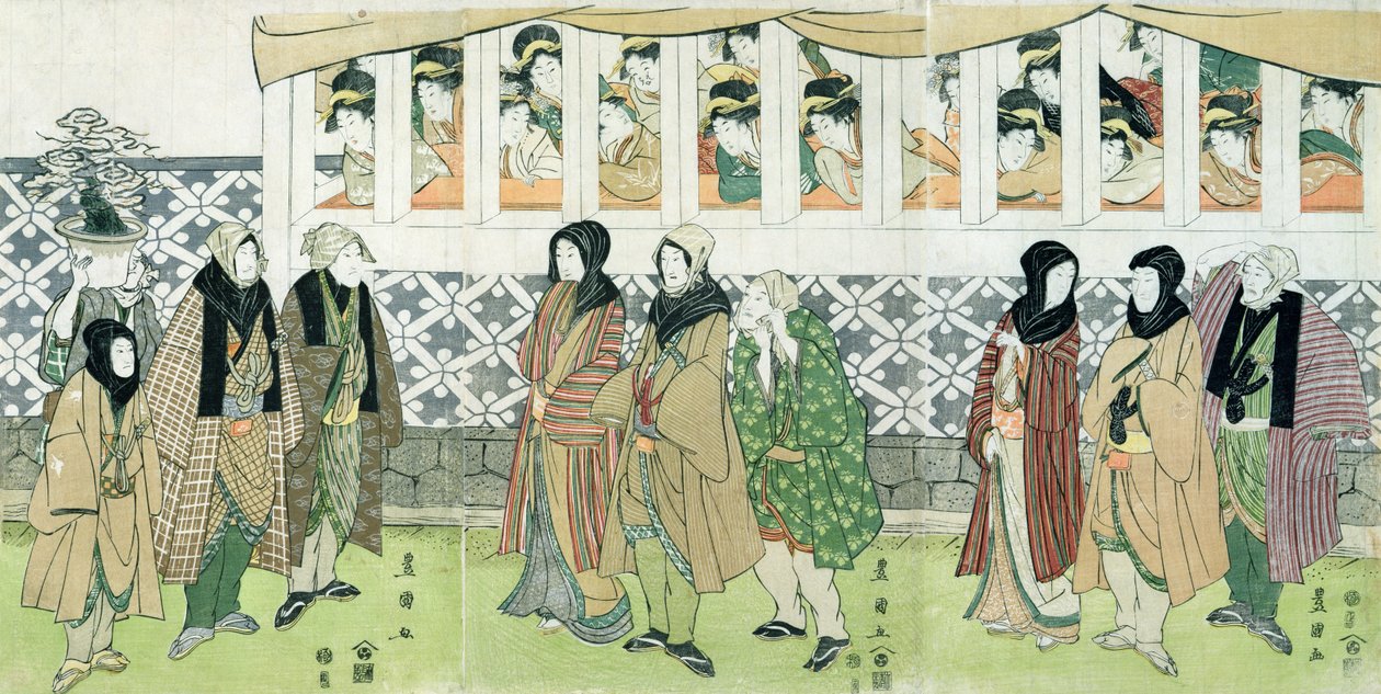 Sétáló színészek (színes fatömbnyomat) alkotó: Utagawa Toyokuni