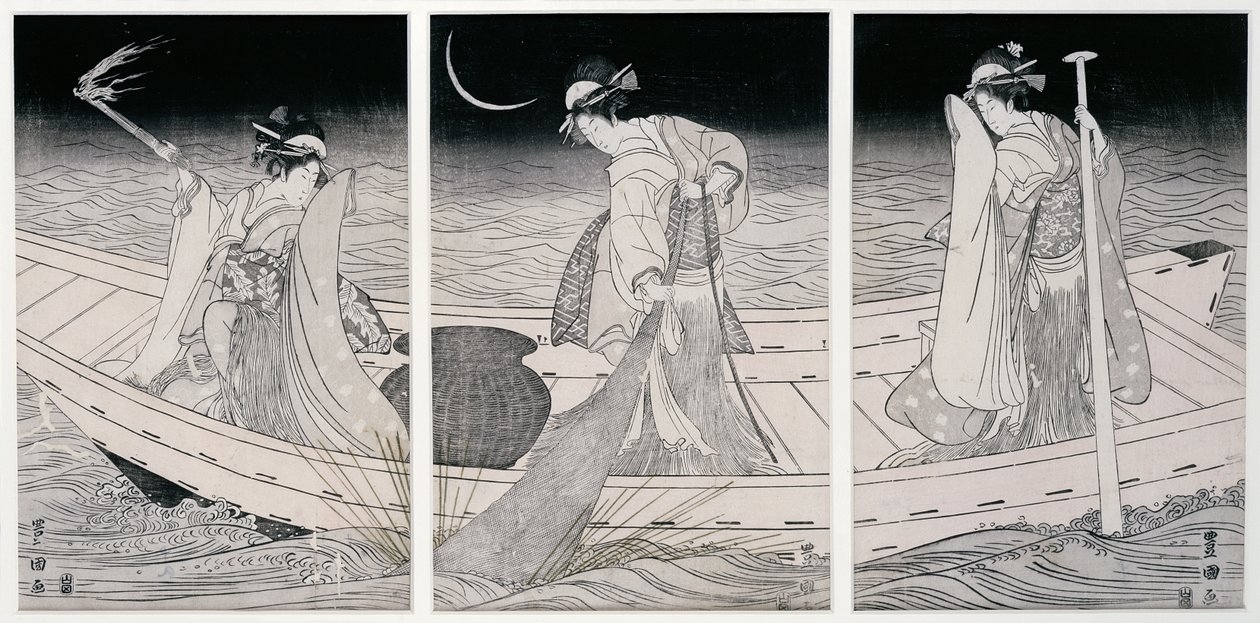 Három nő egy csónakon horgásznak lámpafénynél (faminta) alkotó: Utagawa Toyokuni