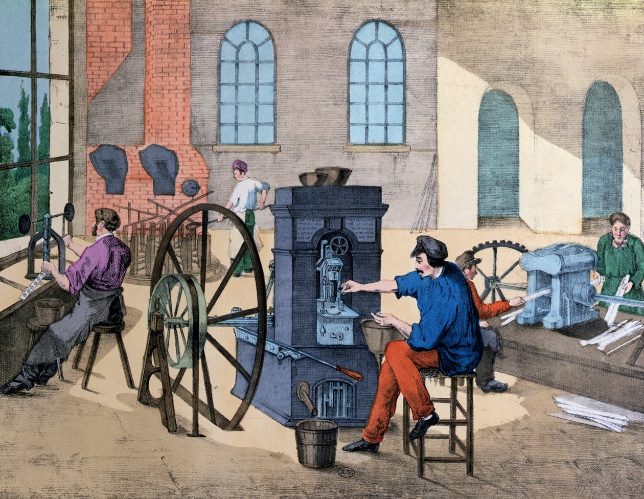 Munkás sztrájkol a Monnaie de Parisban, 9. tábla egy iparról és munkahelyekről szóló tankönyvből, 1860 körül. alkotó: V. Janson