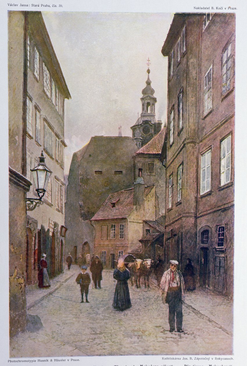 Maiselova Ulice, Prága, illusztráció a "Stara Praha (Régi Prága)" című könyvből, 1898 körül. alkotó: Vaclav Jansa