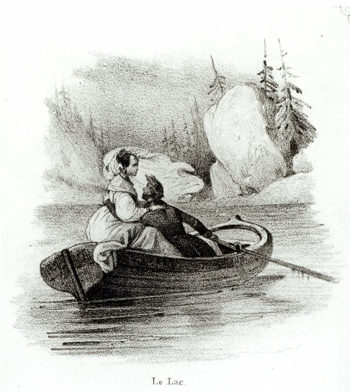 Alphonse de Lamartine (1790-1869) és Elvire a bourget-i tavon, Alfred Lemercier metszete alkotó: Victor Adam