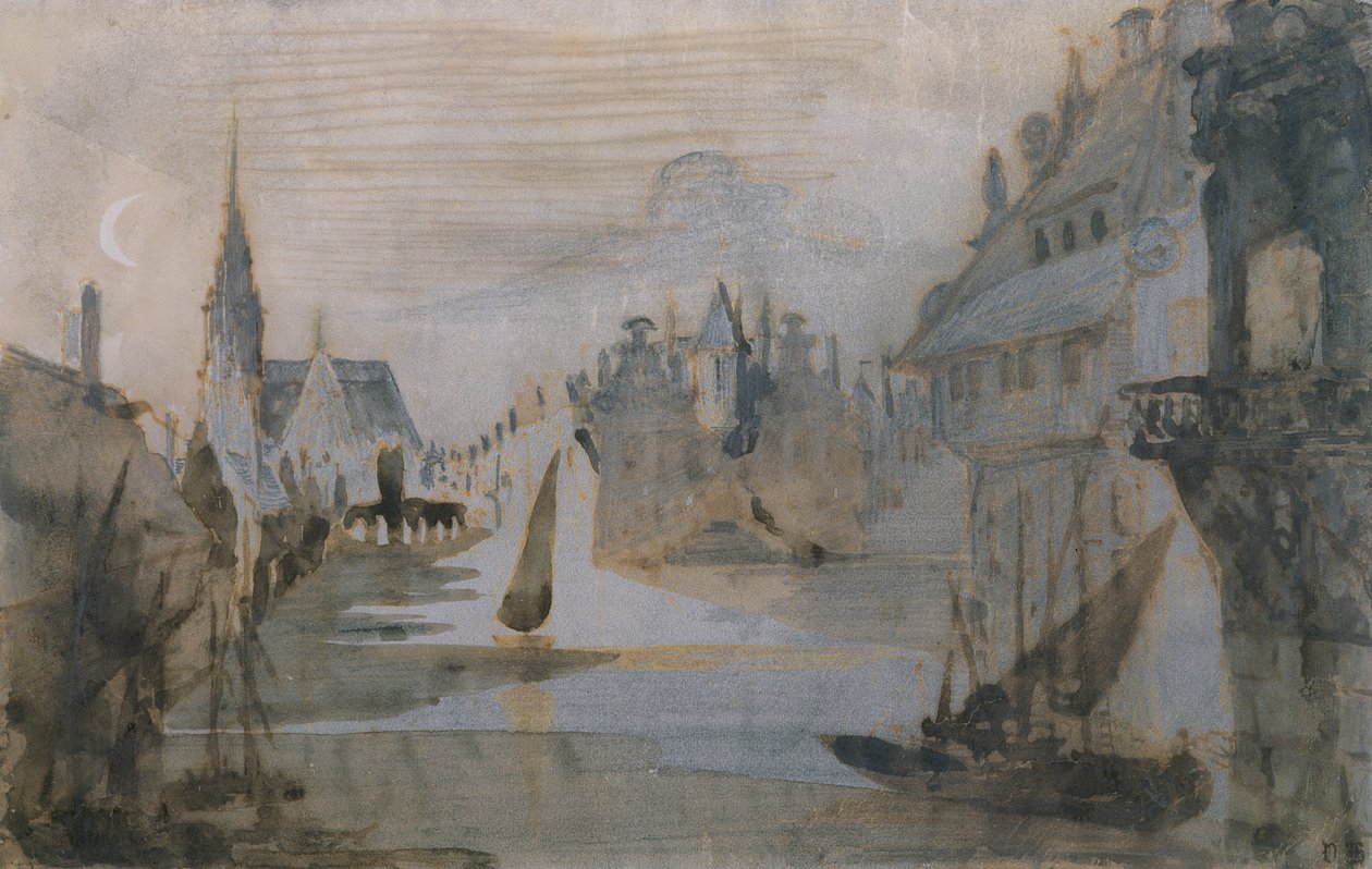 Egy kikötő Flandriában (toll és tinta, ceruza és mosás papíron) alkotó: Victor Hugo