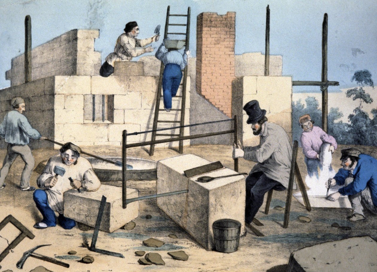 Házépítés, 1860 körül (litográfia) alkotó: Victor Janson