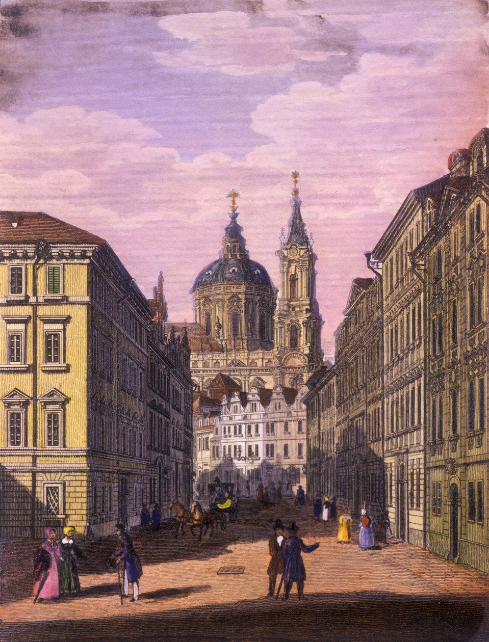 Szent Miklós templom a kis negyedben, Prága, 1847 (színes acélmetszet) alkotó: Vincenc and Geissler, F. Morstadt