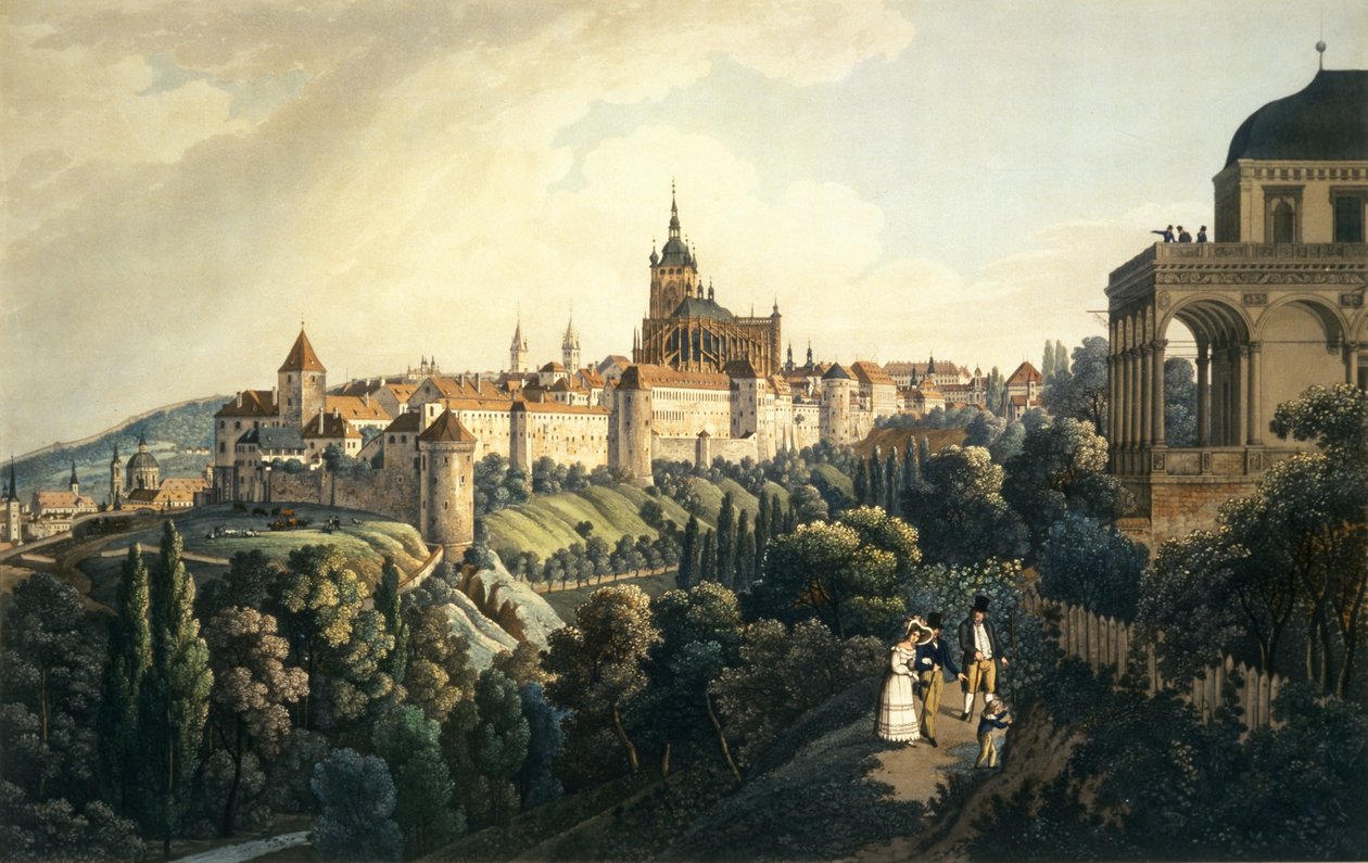 Prágai vár és a királyi nyaraló, 1836 (rézkarc akvatintával) alkotó: Vincenc Morstadt