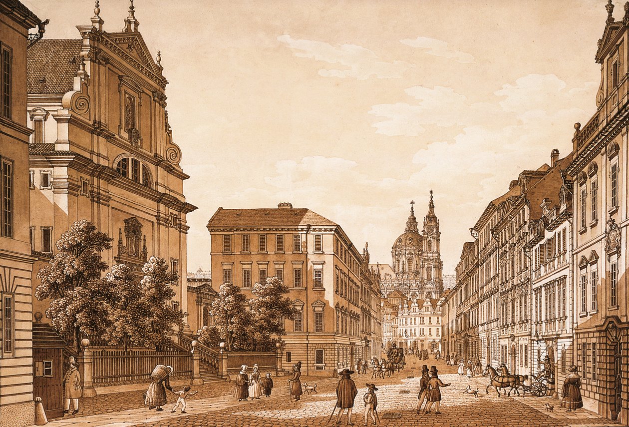 Kilátás a Karmelitská utcára a prágai Szent Miklós-templom felé (papíron toll és tinta WC-vel) alkotó: Vincenc Morstadt