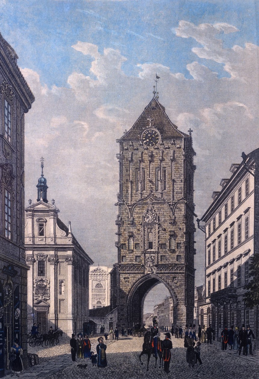 A Lőportorony képe nyugat felől, V. Merklas metszet, 1835 (színes acélmetszet) alkotó: Vincenc Morstadt