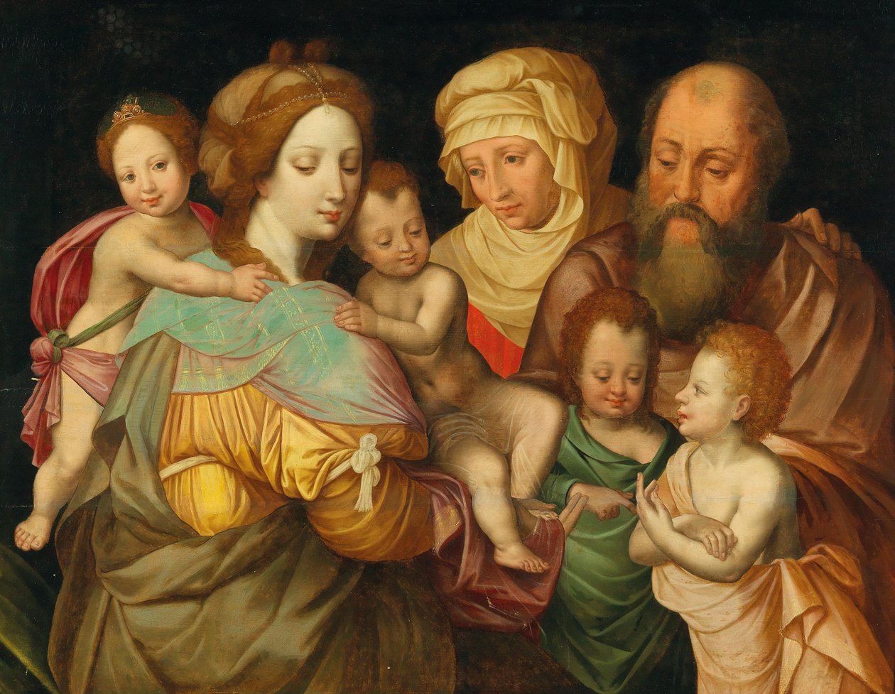 A szent rokonság, Anna és Joachim Mária Kleofás Máriával és négy fiával. alkotó: Vincent Sellaer