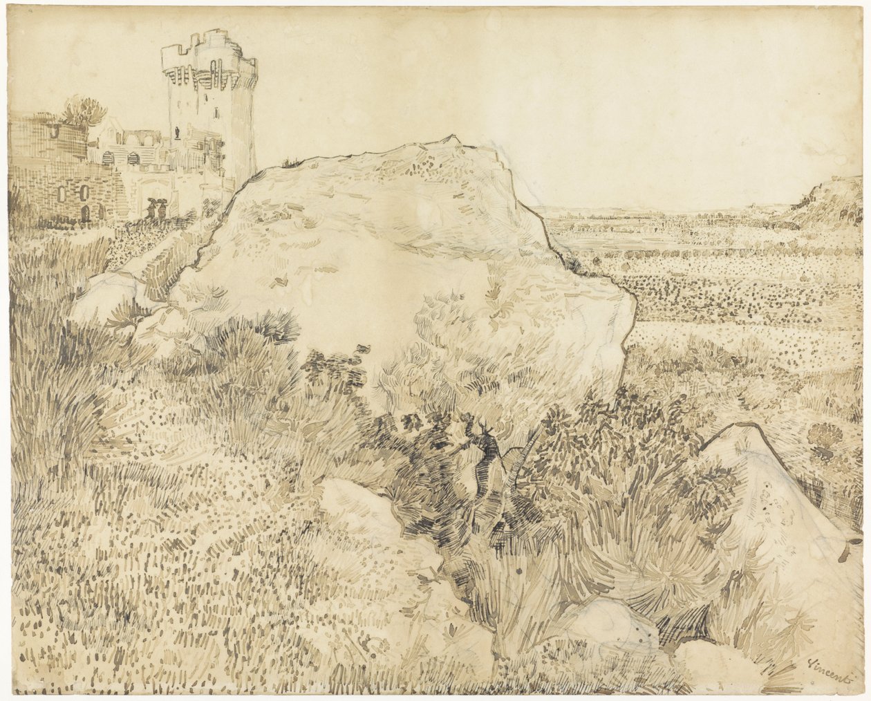 Táj az arles-i Montmajour apátságnál, 1888 (toll papíron) alkotó: Vincent van Gogh