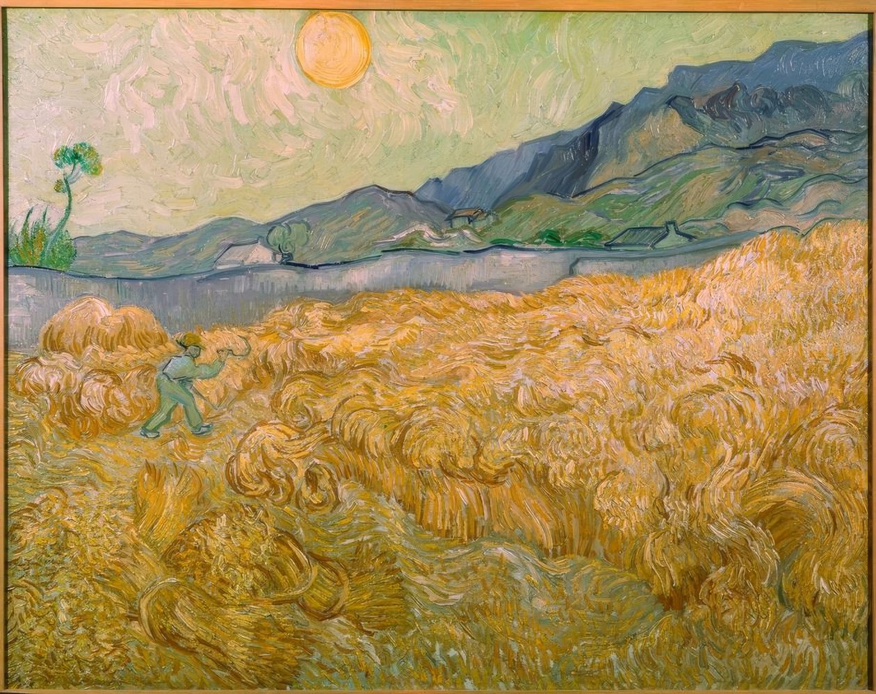 Búzamező aratógépekkel a felkelő nap alkotó: Vincent van Gogh