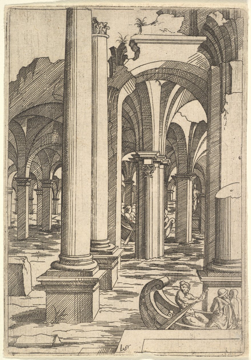 Csónakok eveztek át elárasztott romokon, kb. 1550-62. alkotó: Virgil Solis