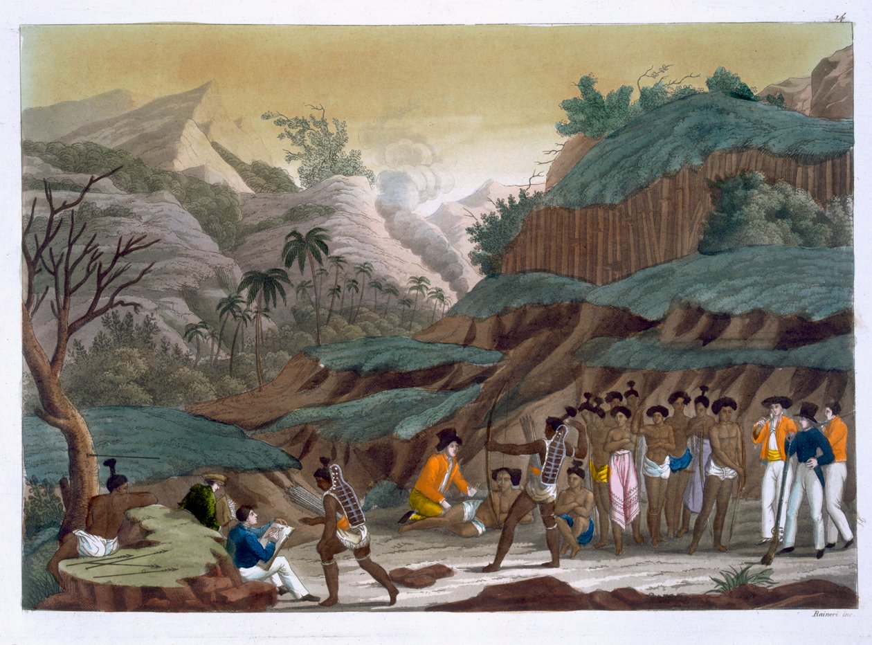 A francia felfedezők első találkozója az őslakosokkal, Ombay szigete, Jules Ferrario „Le Costume Ancien et Moderne” című művének 14. lemeze, az 1820-as és 30-as évek körül megjelent alkotó: Vittorio Raineri