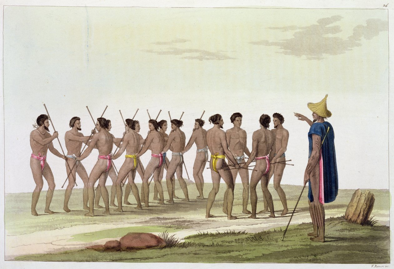 A Caroline-szigetek háborús tánca, Jules Ferrario „Le Costume Ancien et Moderne” 22. lemeze, az 1820-as és 30-as évek körül megjelent alkotó: Vittorio Raineri