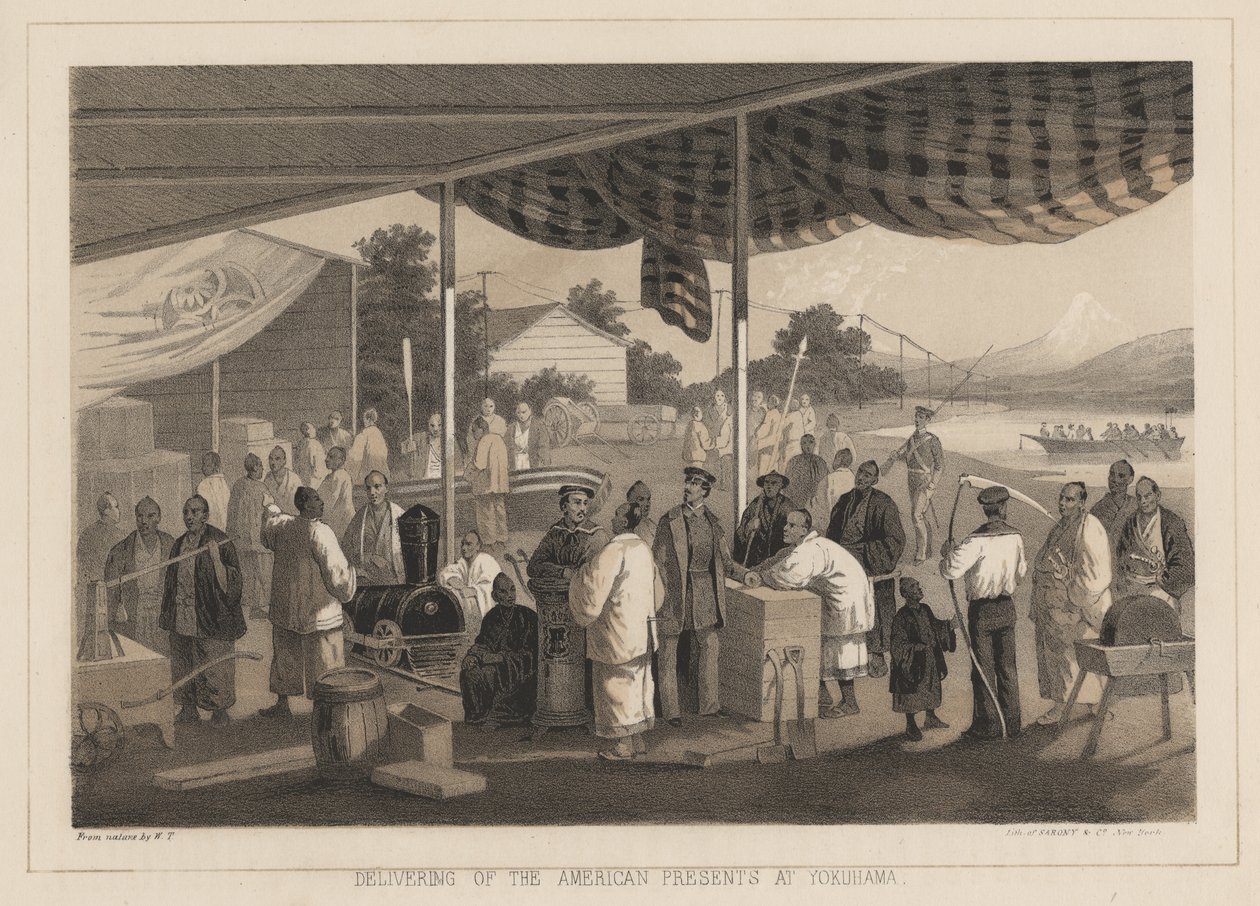 Az amerikai ajándékok átadása Yokuhamában, 1855 alkotó: W. T. Peters