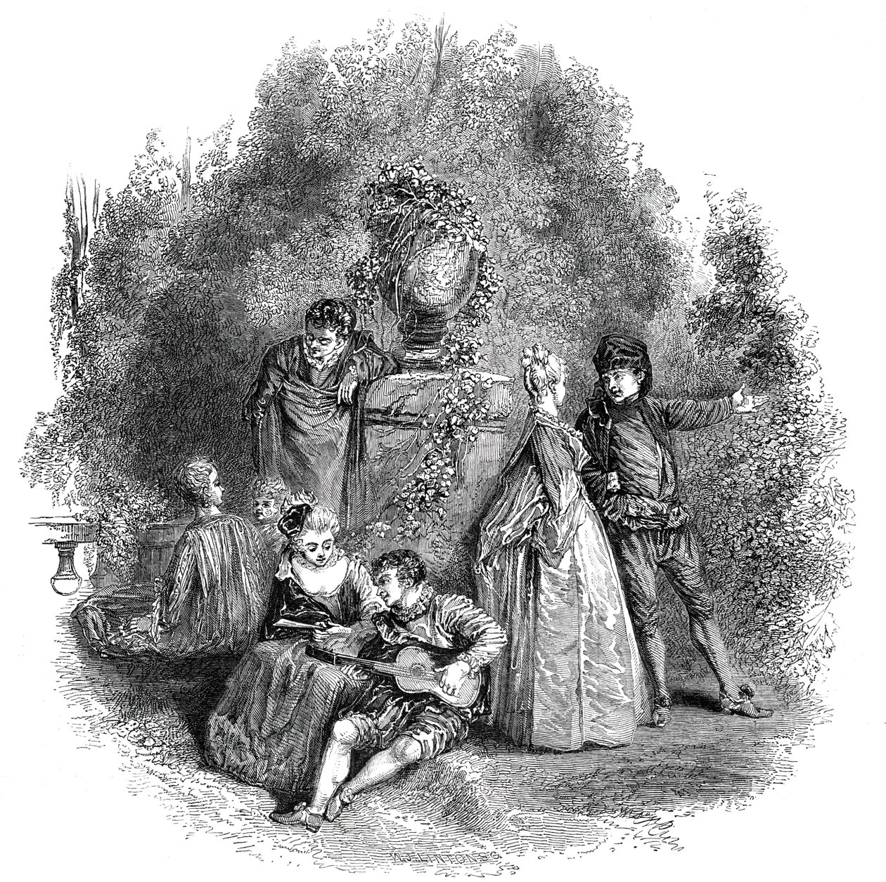 Jelenet a Watteau-ból 1644-ben, 1844-ben. alkotó: W. J. Linton