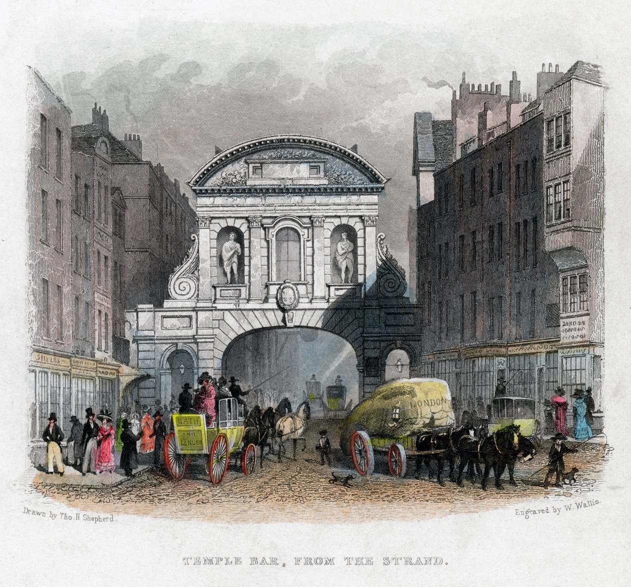 Temple Bar, a Strandből, London, 1829. alkotó: W. Wallis