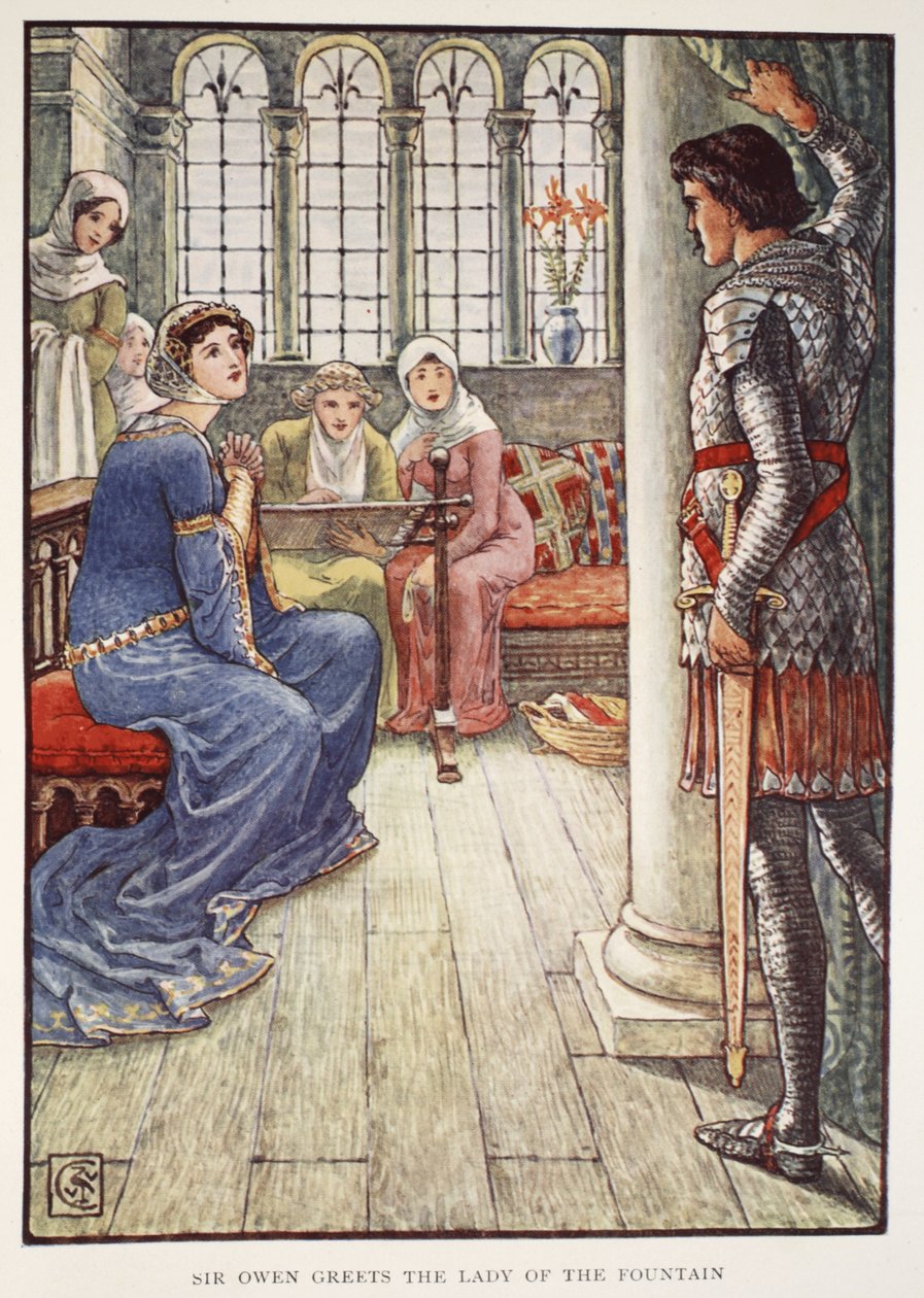 Sir Owen üdvözli a szökőkút hölgyét Henry Gilbert „A kerekasztal lovagjai történetei” című művéből, első kiadás, 1911 alkotó: Walter Crane
