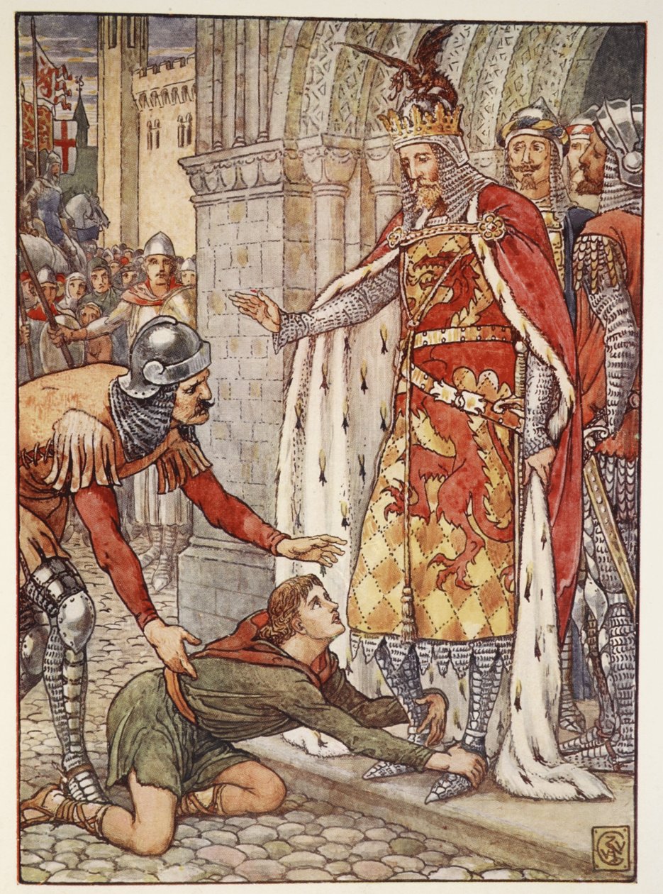 Az ifjú Owen a királyhoz fordul, Henry Gilbert „A kerekasztal lovagjai történetei” című könyvéből, első kiadás, 1911 alkotó: Walter Crane